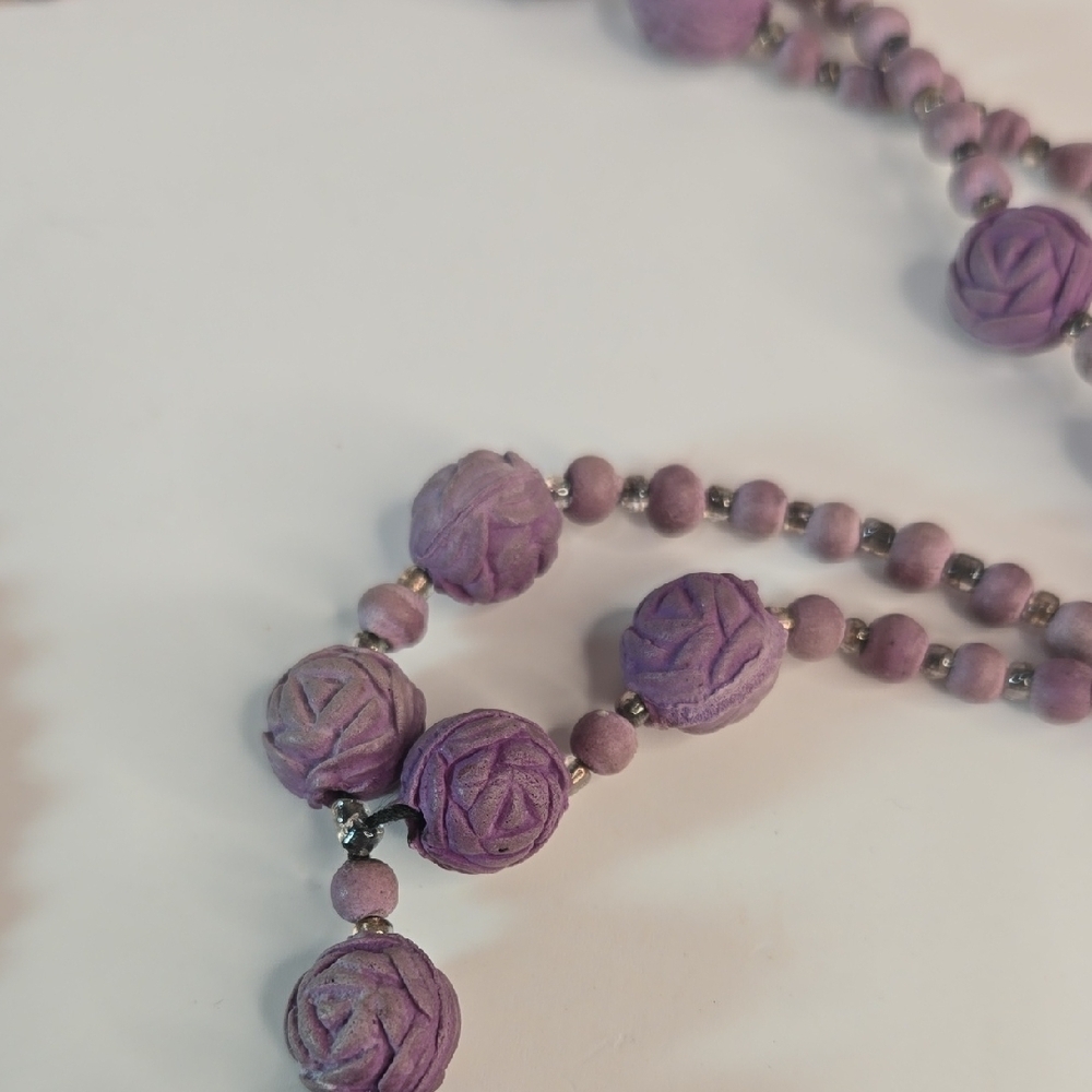 Vintage Crushed-Rose Petal Lavender Bead Necklace Tassel Flapper Victorian - Picture 4 of 6